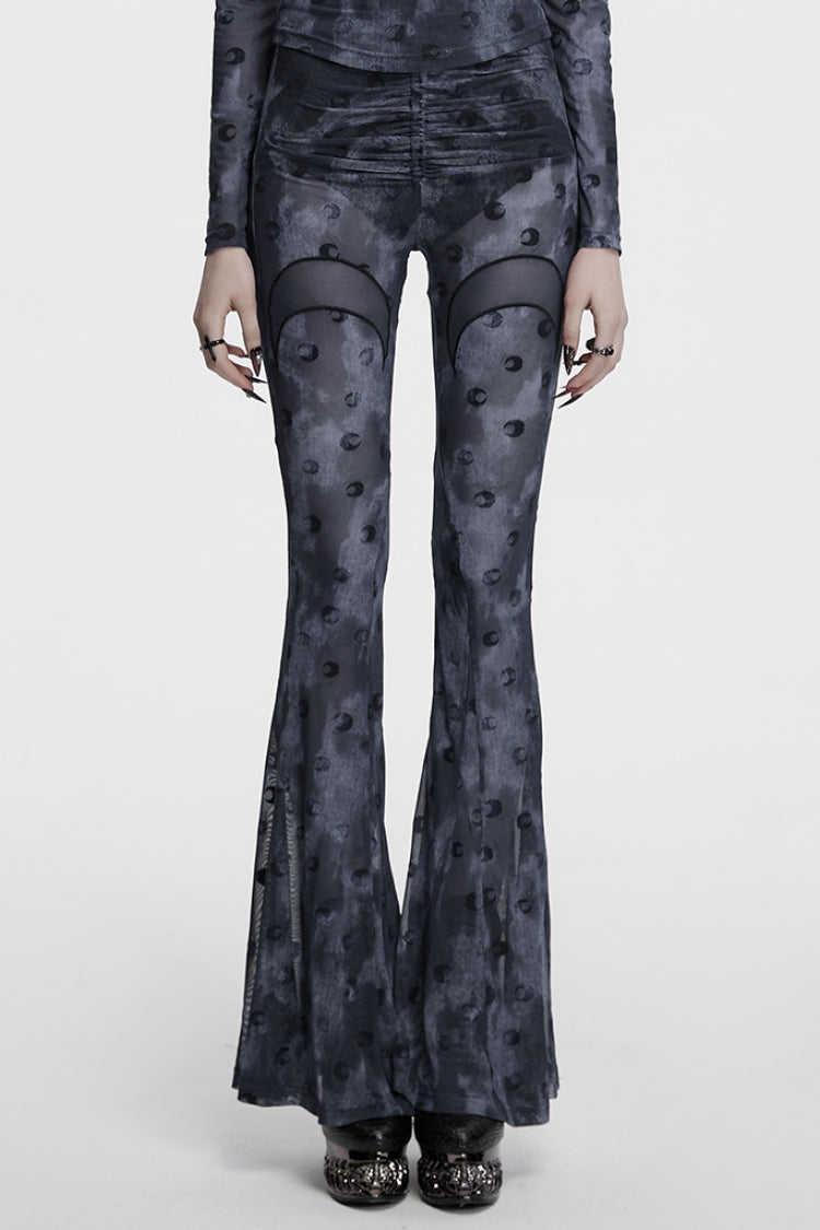 Graue Plissee-Damen-Gothic-Elegante Schnür-Mesh-Mond-Kordelzug-Samt-Schlaghose