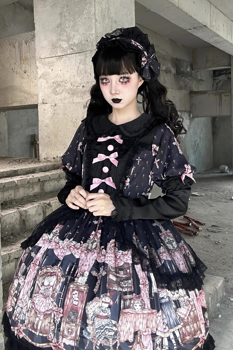 Noir [Le Cas de l'Agneau Disparu] Imprimé Manches Longues Volants Nœud Papillon Dentelle Robe Gothic Lolita 
