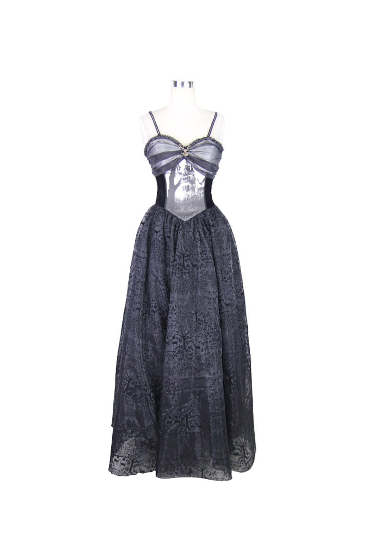 Black Elk Metal Brooch Flocking Print Yarn Floral Women's Gothic Dress
