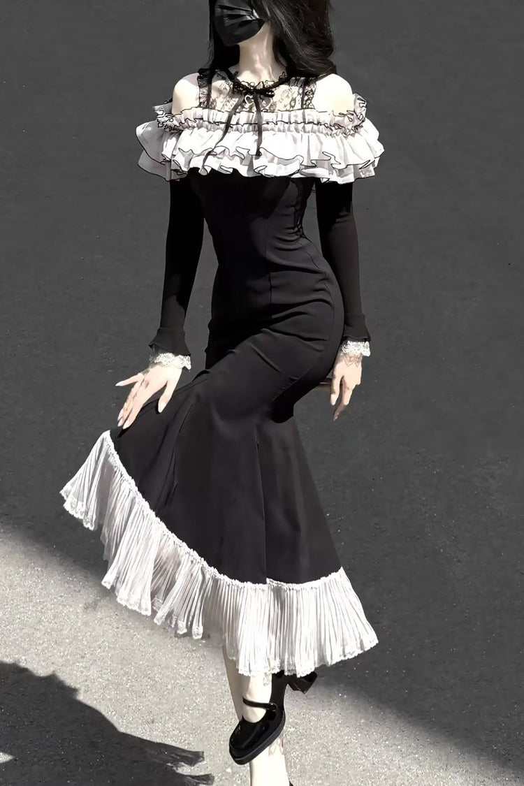Black [Night Cherry Blossoms] Long Sleeves Ruffle Bowknot Daily Sweet Elegant Lolita Fishtail Dress