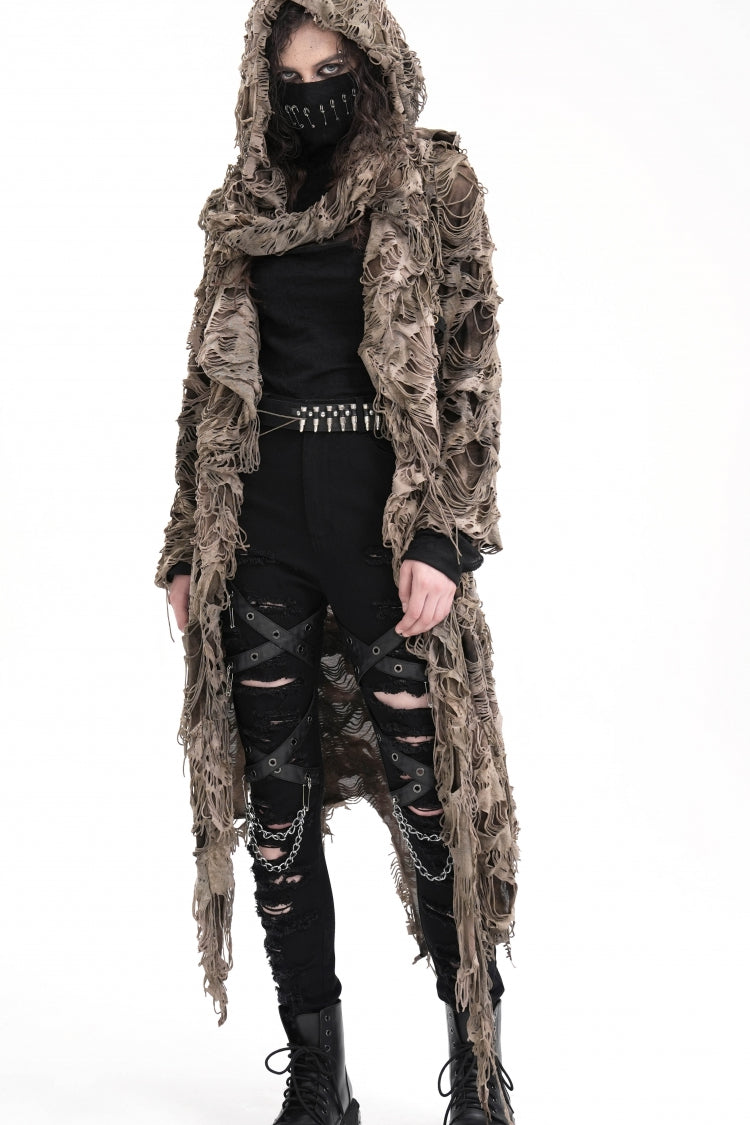 Brauner Punk-Umhang mit Kapuze und langen Ärmeln für Damen mit Ösen und Reißverschluss