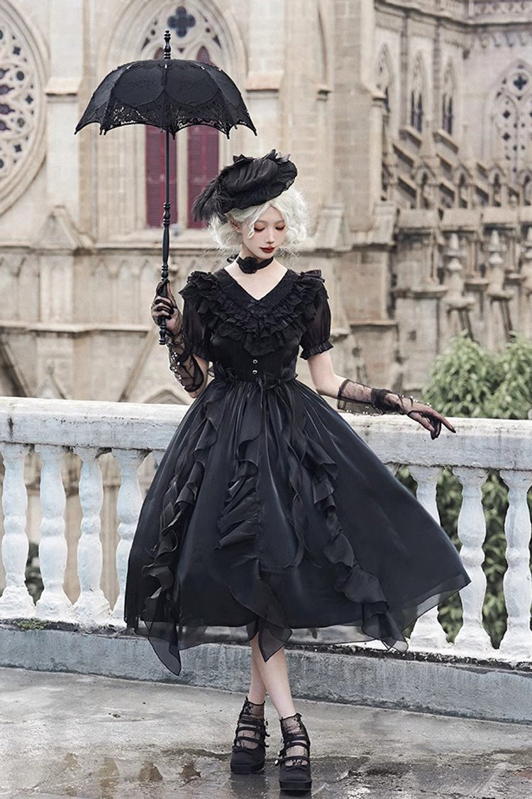 Black V-Neck Lace Cla Daily Short Puff Sleeves Gothic Lolita Dress