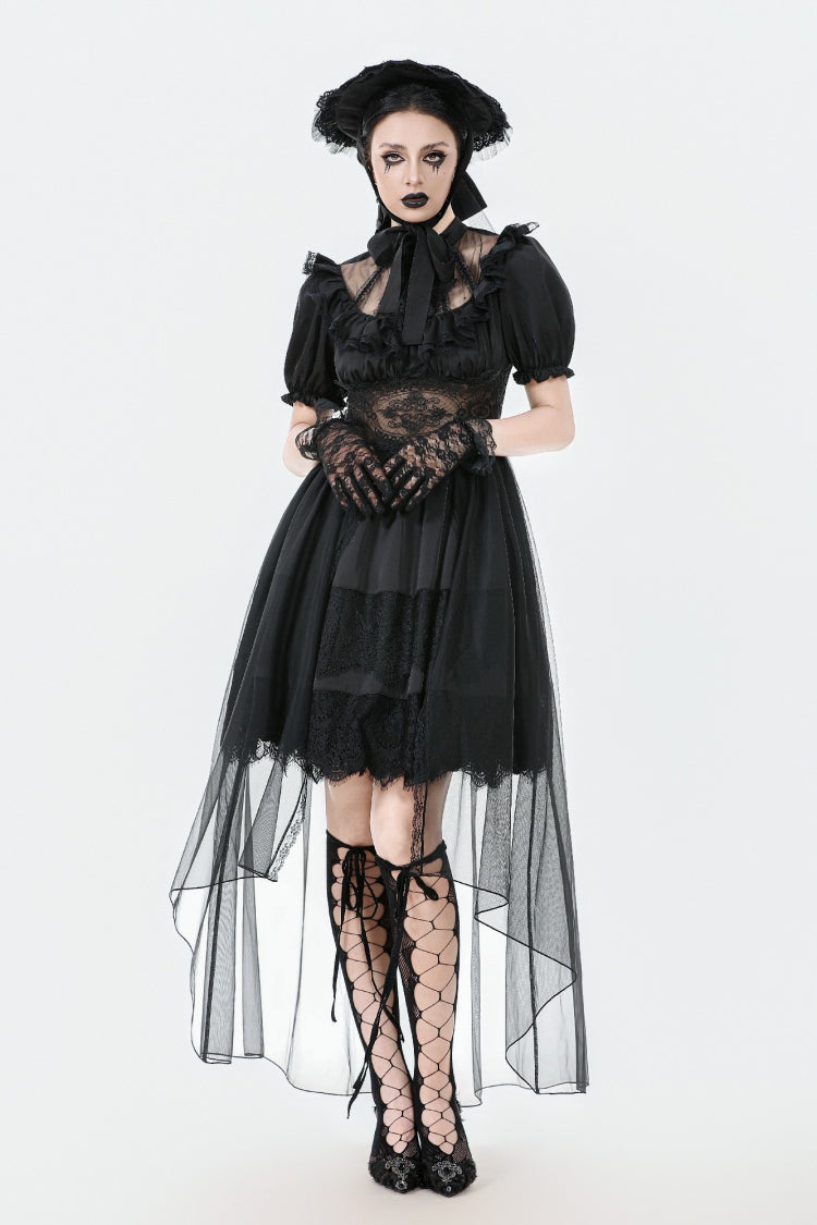 Robe de mariée gothique noire en mousseline de soie, manches courtes bouffantes, multicouches, haute/basse, pour femmes