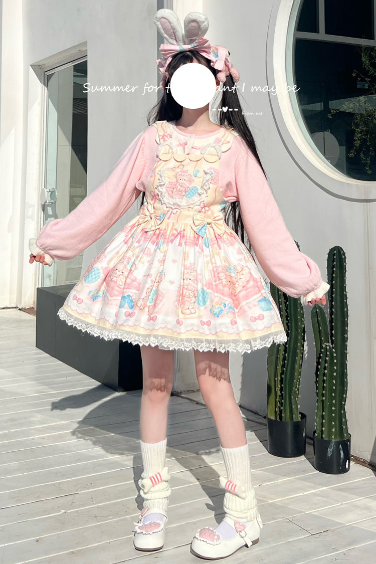 Kawaii Bears Print Yellow Bowknot Stitching Lace Sweet Lolita Strap Dress