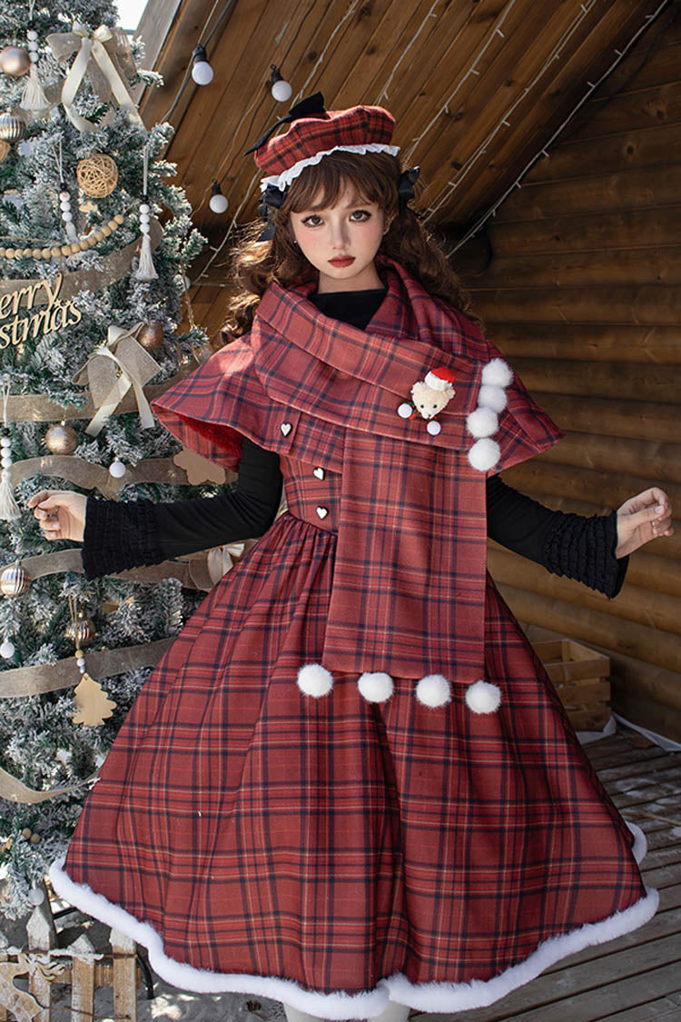 Red Striped Plaid Print Fall Winter Fishbone Sweet Corset Lolita Dress 2 Versions