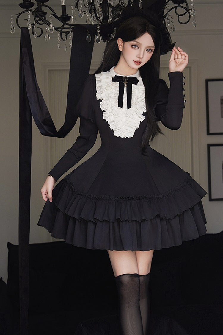 Black [Miss Weir] Stand Collar Long Sleeves Double-Layered Ruffle Gothic Lolita Dress