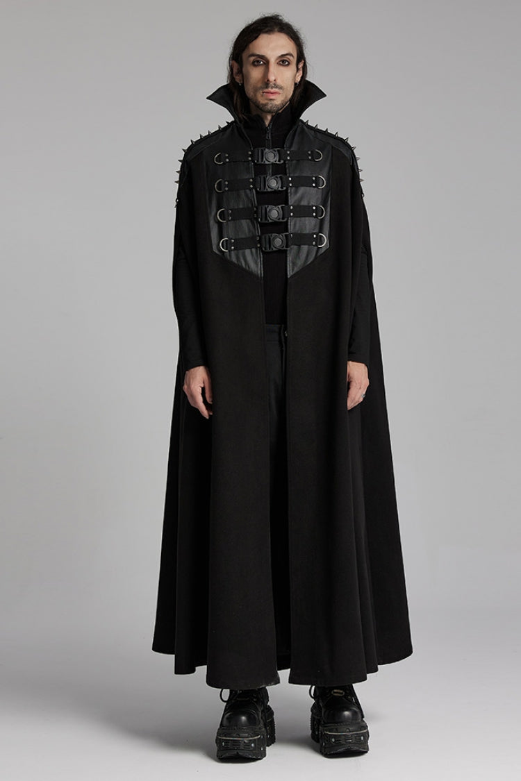 Black High Collar Faux Leather Stitching Mesh Rivet Buckle Women's Punk Cloak