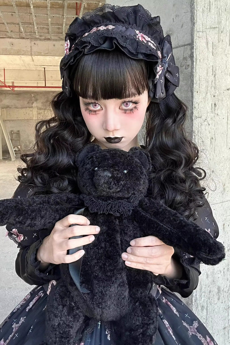 Noir [Le Cas de l'Agneau Disparu] Imprimé Manches Longues Volants Nœud Papillon Dentelle Robe Gothic Lolita 