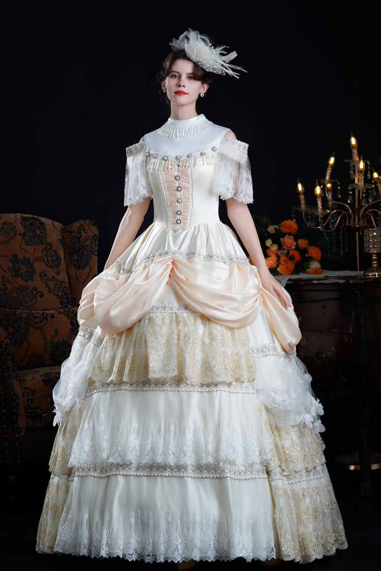 Champagne Stand Collar Multi-Layered Ruffled Lace Classic Vintage Palace Victorian Lolita Dress