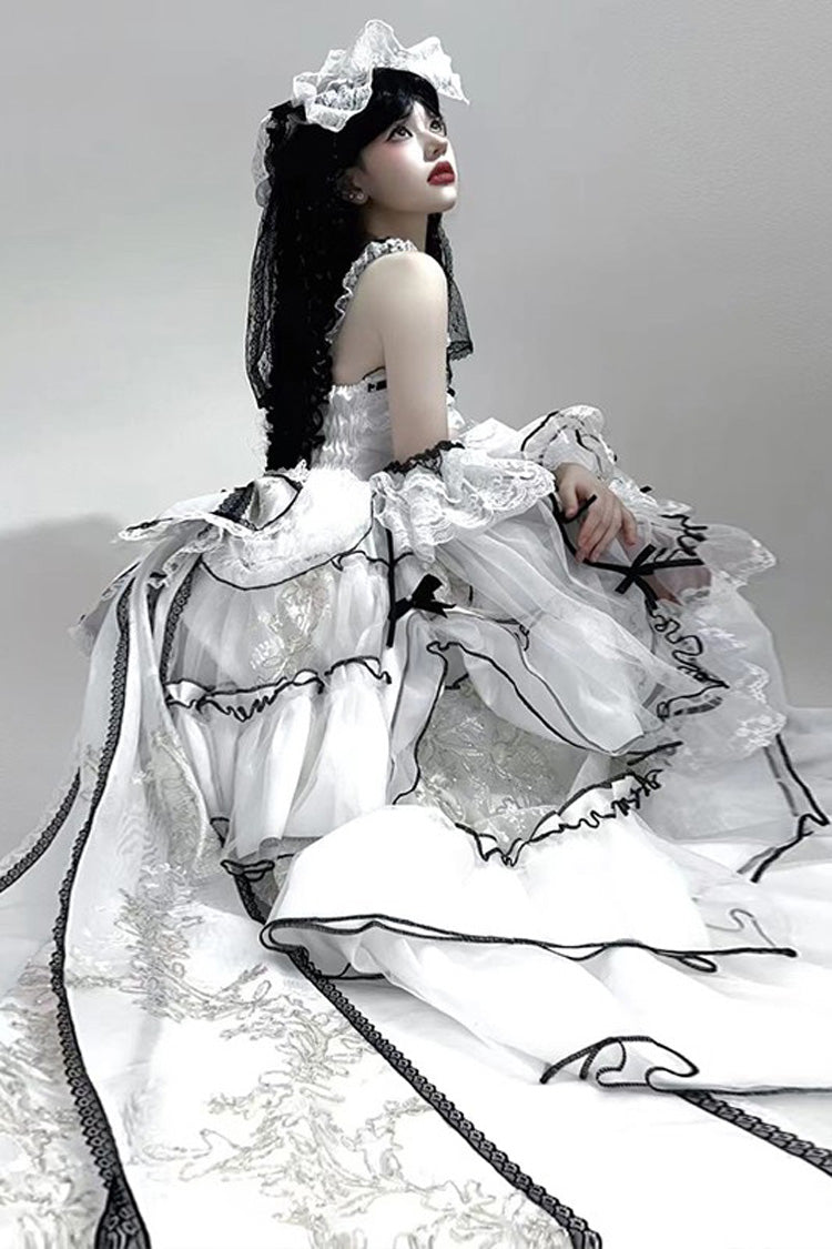 White [Cascade Poem] Sleeveless Multi-Layered Ruffle Hanayome Bowknot Lace Gothic Plus Size Gorgeous Lolita Jsk Long Dress