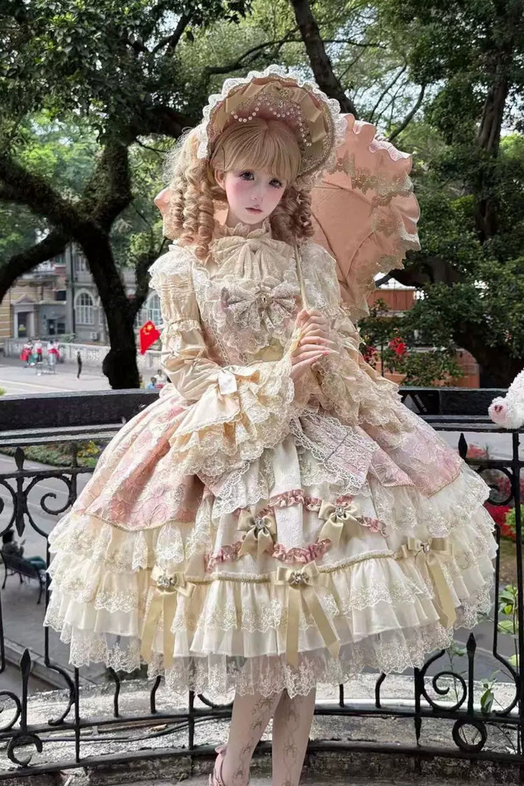Rosa [vergoldeter Walzer] ärmelloses, bedrucktes, gerüschtes, besticktes Schleifen-Spitze-Kleid mit quadratischem Kragen, wunderschönes, süßes Lolita-JSK-Kleid