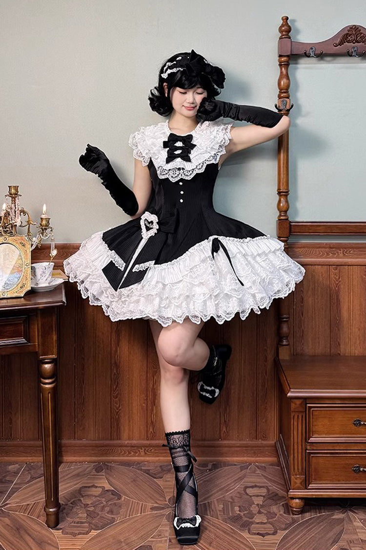 Black/White [Miss Tsundere] Sleeveless Multi-Layered Ruffle Bowknot Lace Asymmetric Sweet Princess Lolita Dress