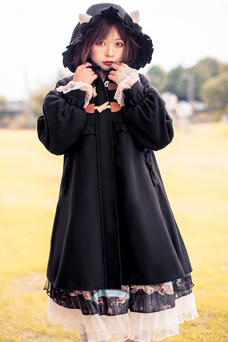 Black Cat Tail Long Sleeves Ruffle Bowknot Hooded Sweet Lolita Coat