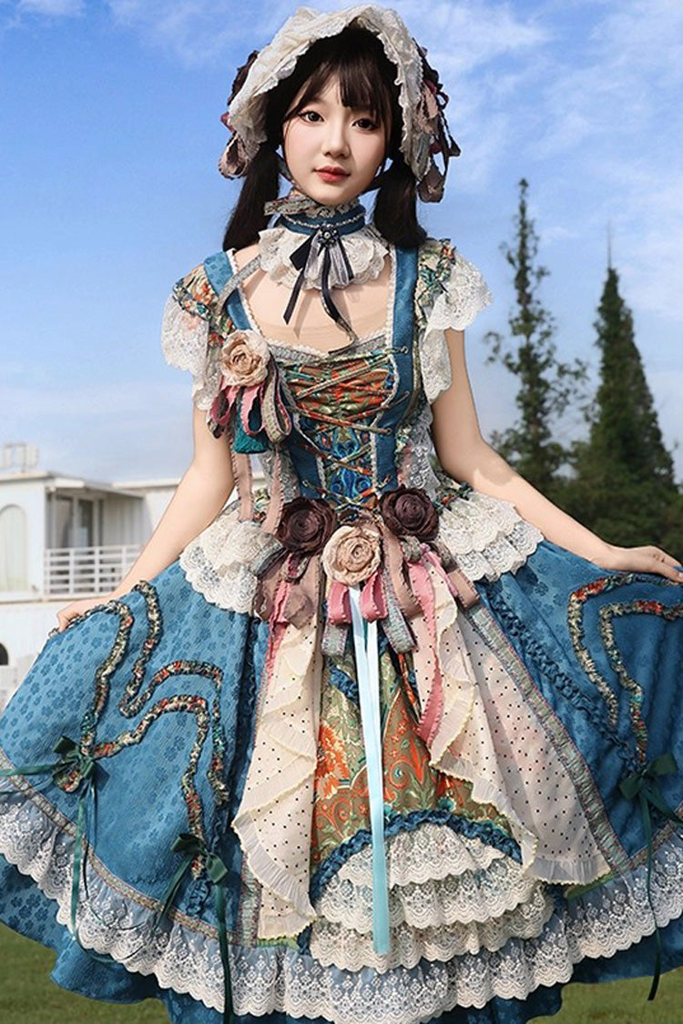 Blue [Lake Monet] Sleeveless High Waisted Print Ruffle Cardigan Bowknot Lace-Up Classic Vintage Elegant Princess Lolita Jsk Dress