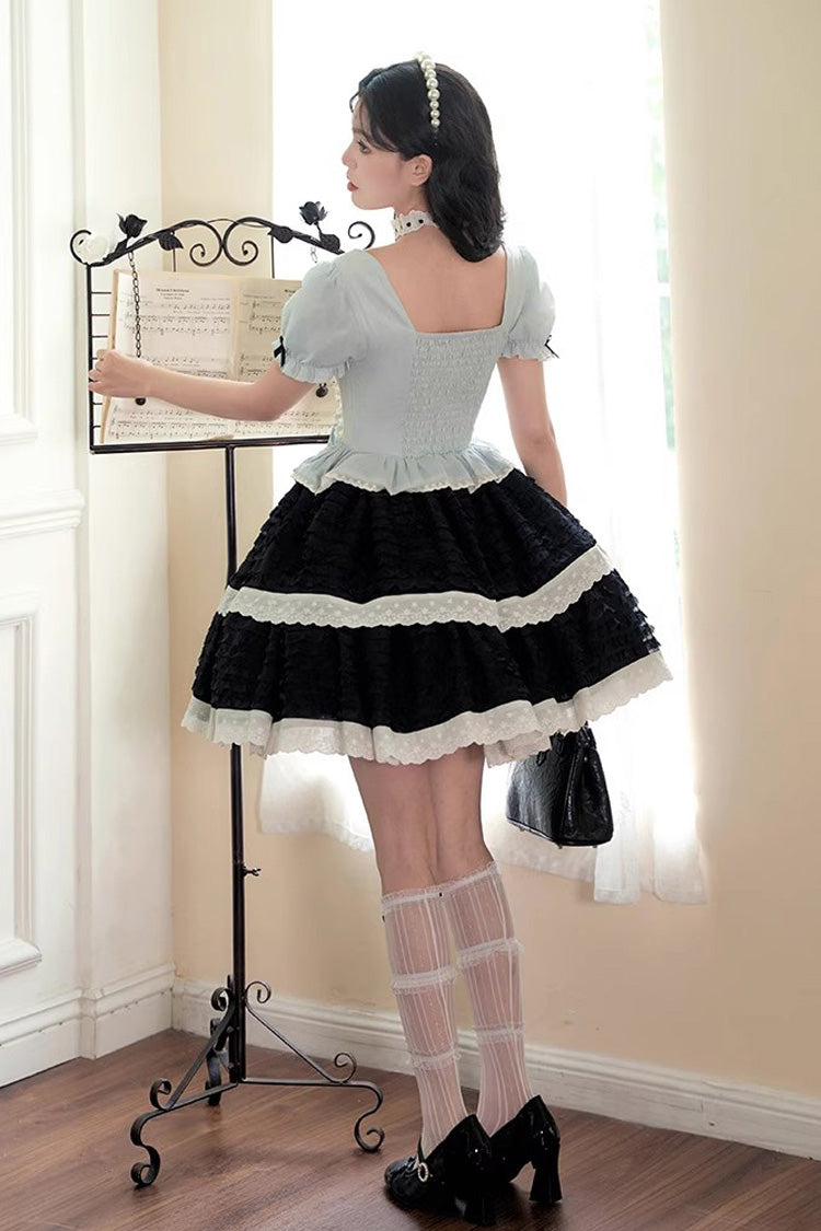 Black/Blue Mint Dark Chocolate Fake Two-piece Square Collar Ruffle Bowknot Sweet Lolita Dress