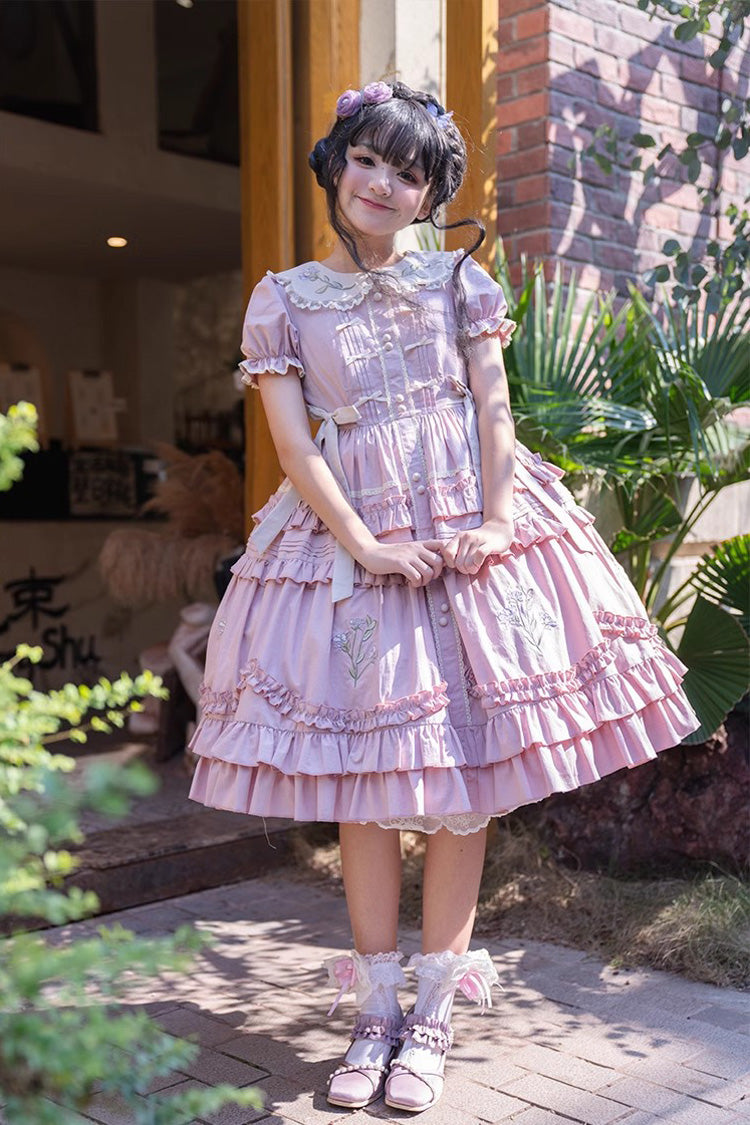 Pink Doll Collar Short Sleeves Iris Poem Print Ruffle Embroidery Sweet Lolita Dress