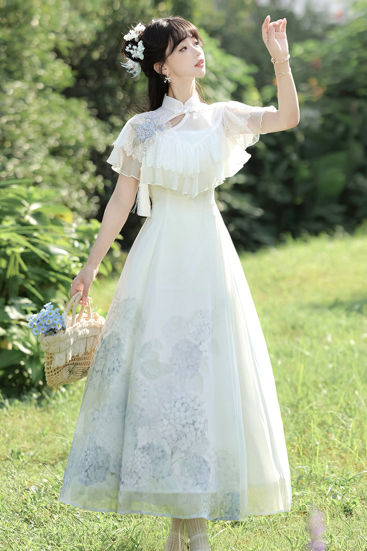 Robe Lolita élégante de style chinois doux avec manches courtes imprimées, volants en dentelle et message d'hortensia blanc 