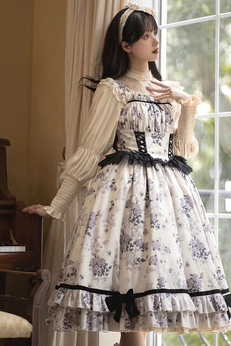 Ivory Rose Print Ruffle Sweet Elegant Princess Lolita Dress