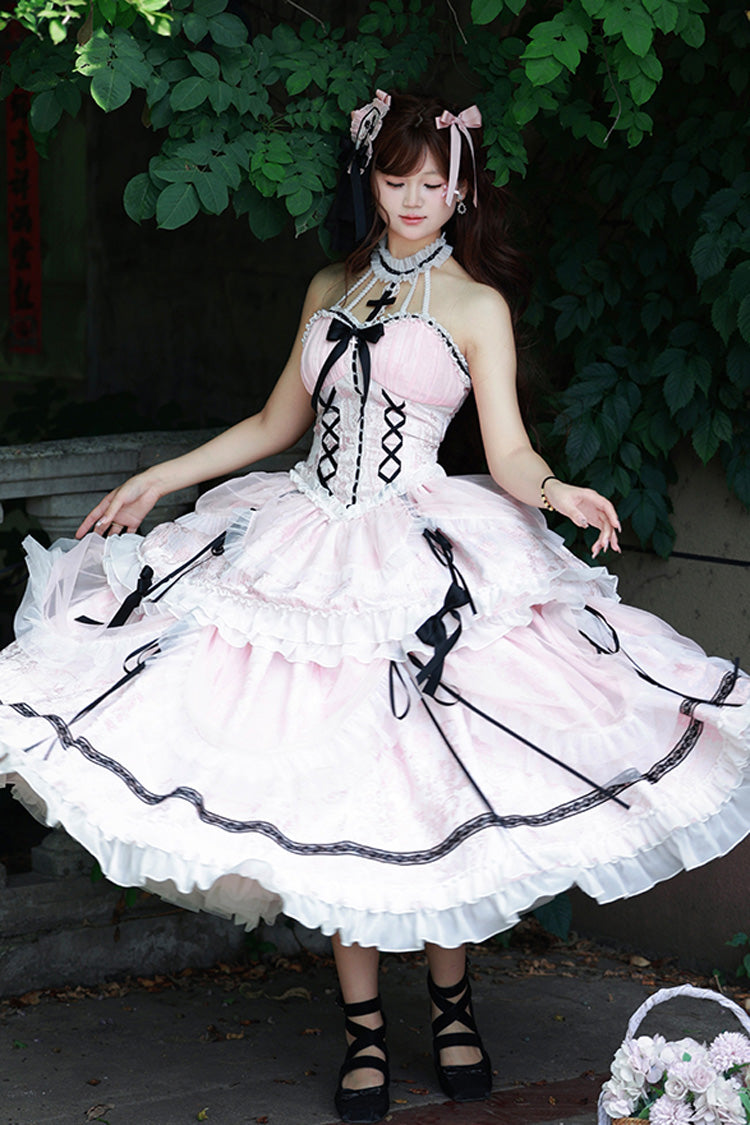 Pink Cross Halterneck Ruffle Bowknot Lace Lace-Up Princess Sweet Lolita Dress