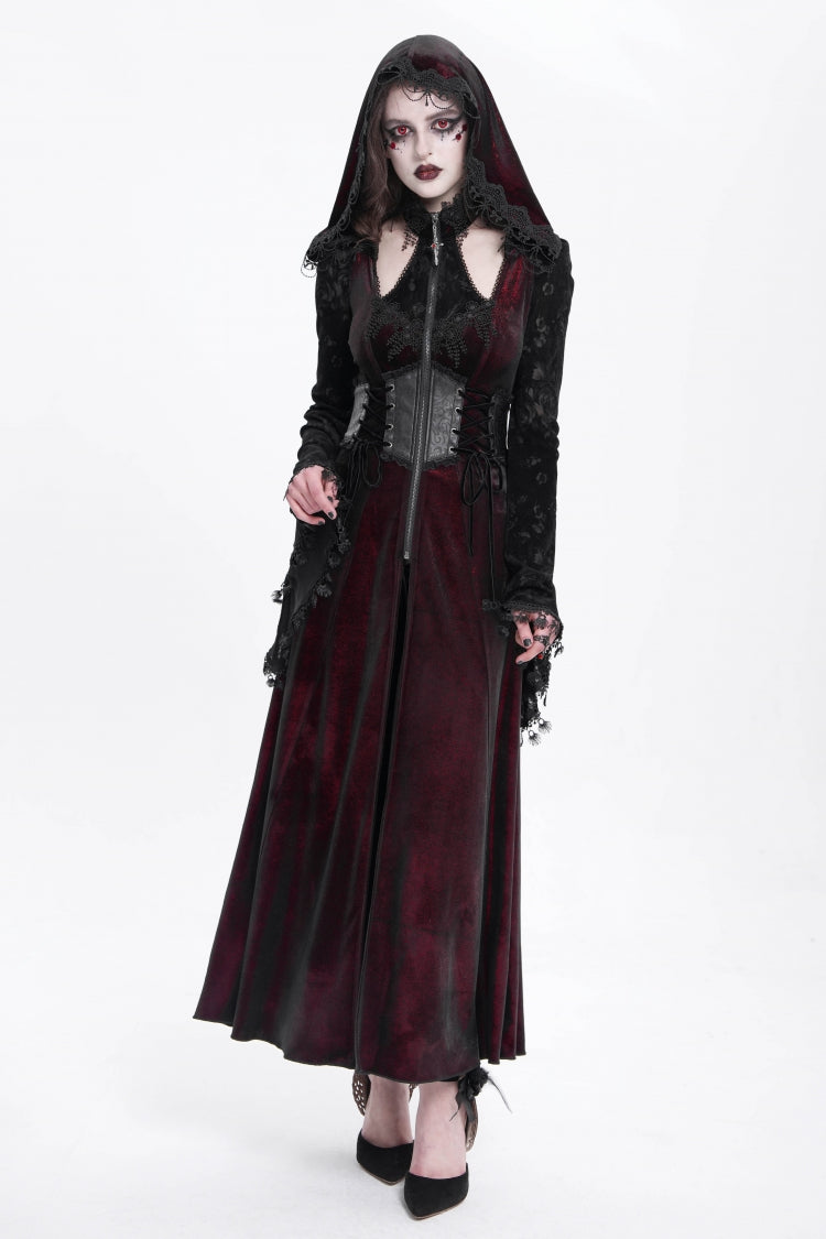 Red Long Sleeves Hollow Embroidery Hooded Ripped Women's Gothic Dress Coat