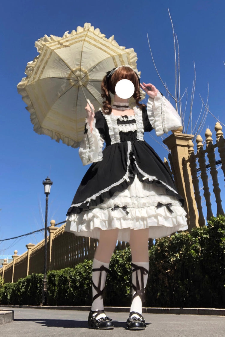White/Black Long Hime Sleeves Ruffle Cardigan Bowknot Gothic Lolita Dress