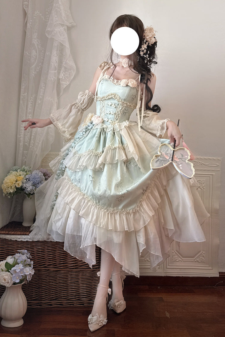Green [Tea Bamboo Song] Sleeveless Jacquard Ruffle Bowknot Lace Irregular Sweet Chinese Style Ballet Lolita Jsk Dress Long Version Set