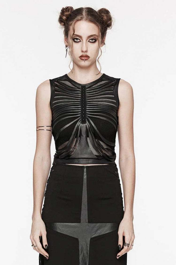 Black Round Collar Sleeveless Stitching Mesh Ripped Women's Punk Tank Top