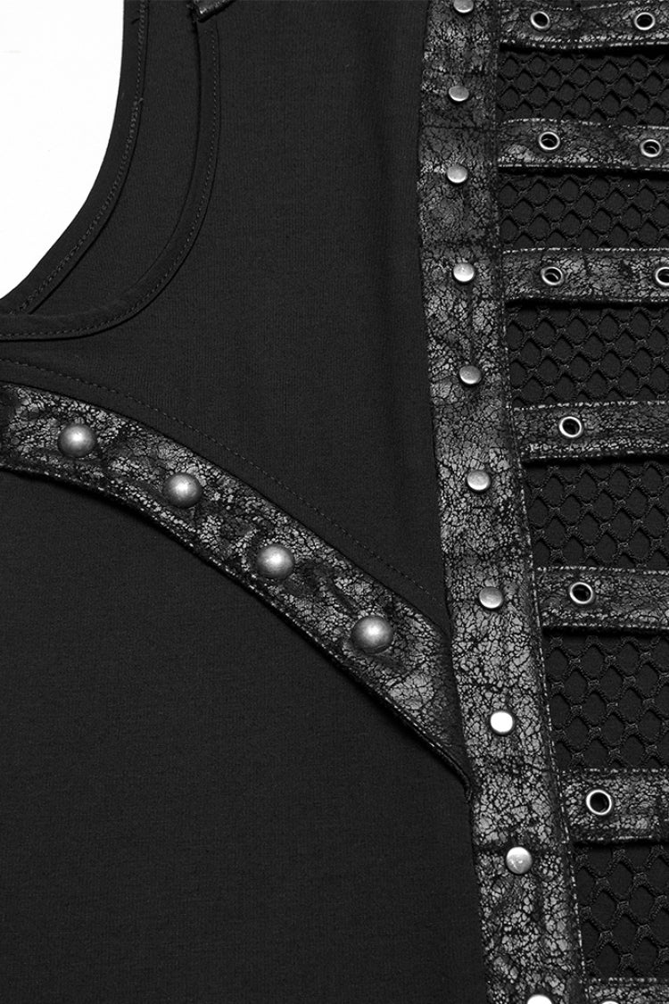 Black Sleeveless Stitching Mesh Eyelet Straps Men's Punk Vest