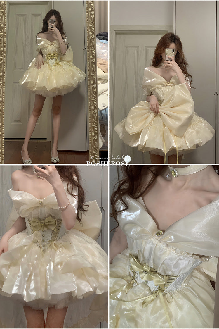 Gold [Proxima Centauri] Off Shoulder Ruffle Bowknot Sweet Princess Lolita Dress