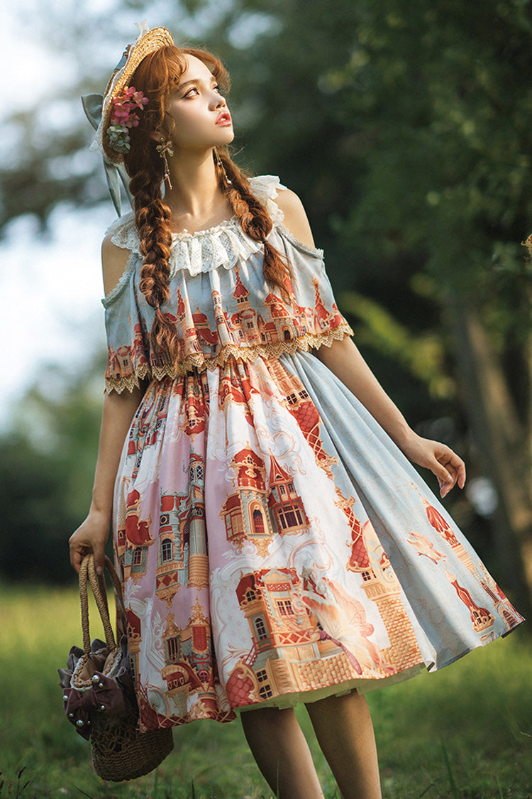 Multi-Color European Architectural Oil Painting Print Off Shoulder Short Sleeves Bowknot Sweet Lolita Dress