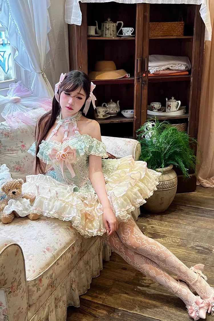 Green [Flower Language of Eros] Halterneck Multi-Layered Ruffle Bowknot Rose Lace Lace-Up Sweet Ballet Lolita Jsk Dress
