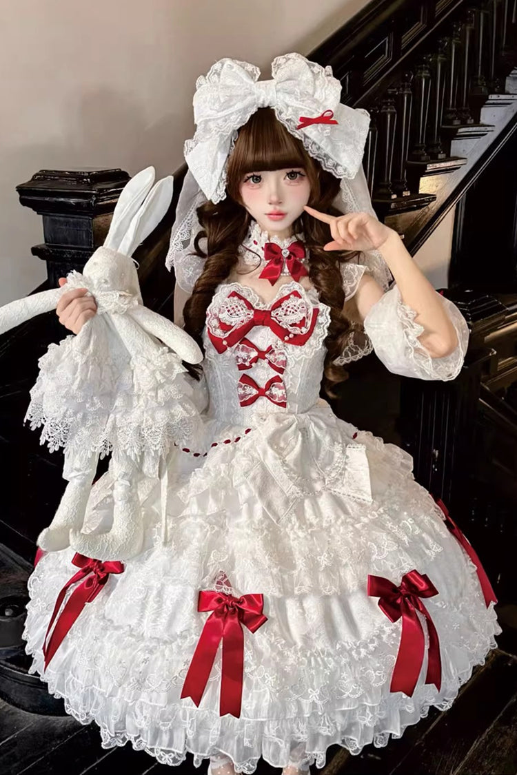 White [Dream of the Misty Moon] Sleeveless Multi-Layered Ruffled Bow Lace Pearl-Decorated Sweet Princess Lolita Jsk Dress