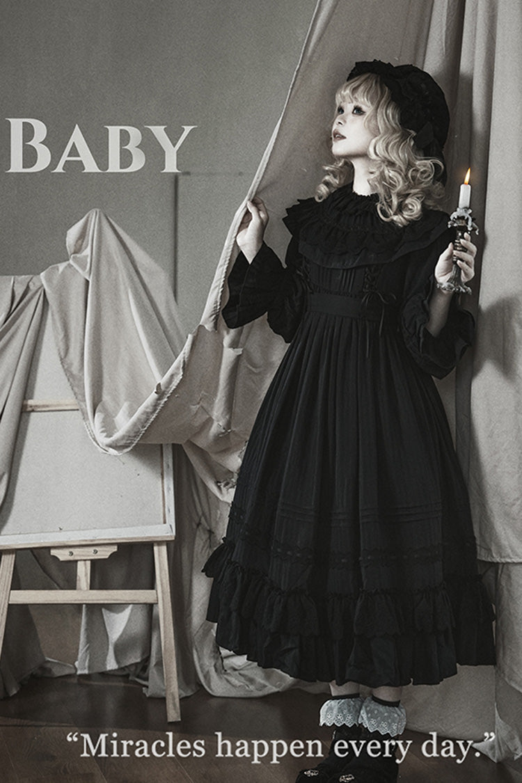 Black [Good Night] Long Sleeves Double-Layered Ruffle Bowknot Lace-Up Holy Gothic Lolita Dress