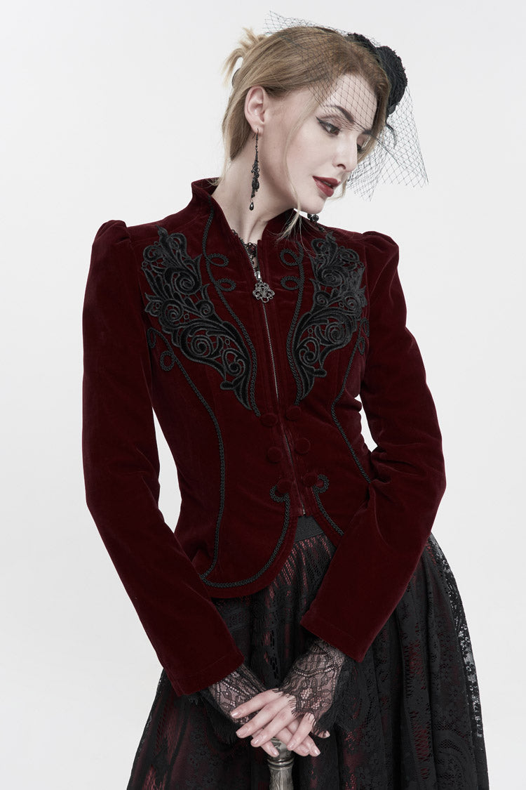 Red Stand Collar Velvet Appliqu???????????¡ì?????| On Chest Pendant Zipper Autumn And Winter Short Long Sleeve Women's Gothic Jacket