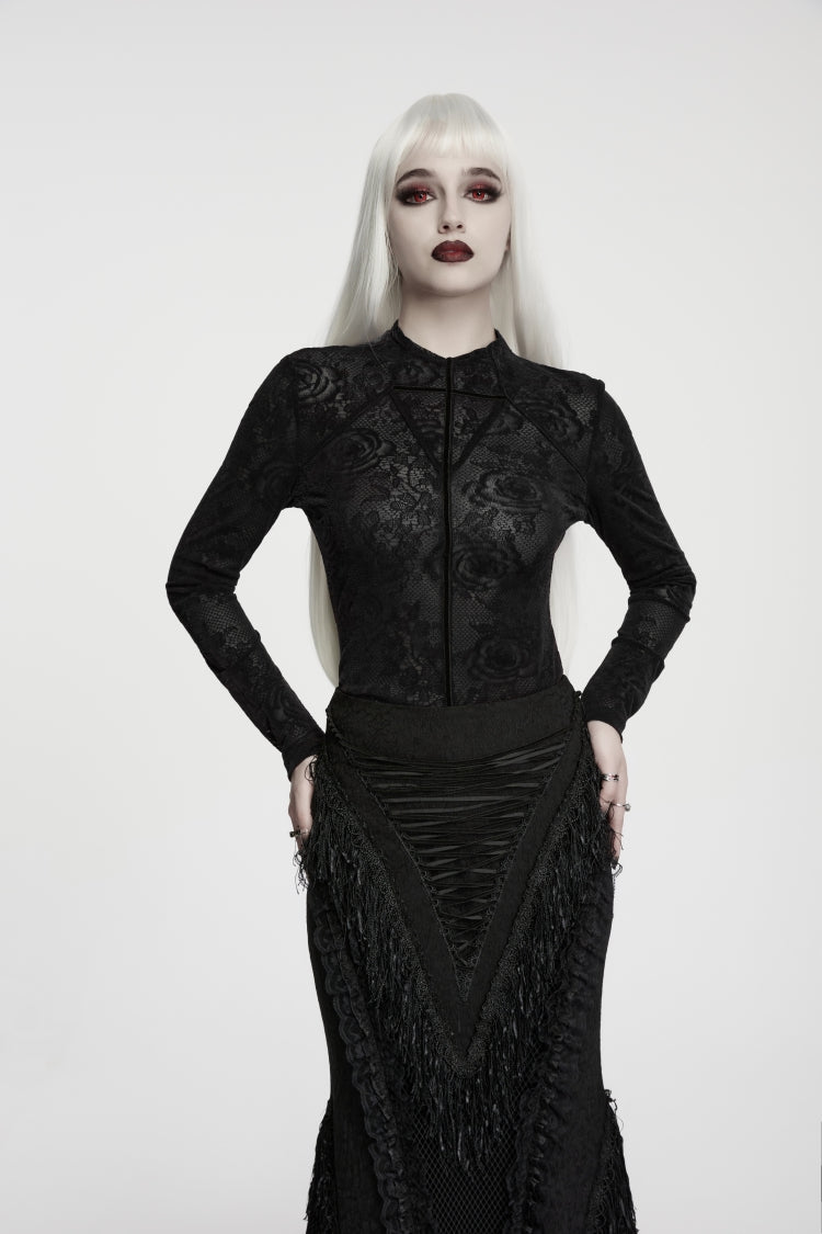 Schwarzes, hochgeschlossenes, langärmliges Damen-Gothic-Luxusoberteil mit Rosen-Jacquard-Spitze und schmaler Passform