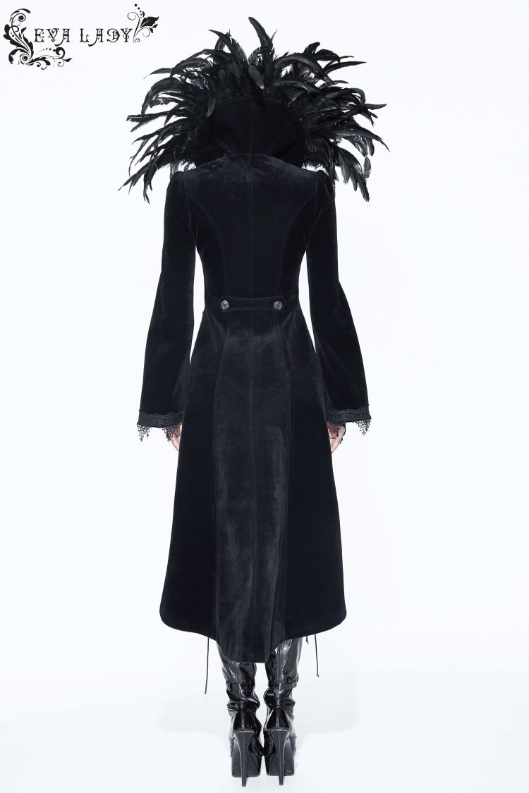 Black Feathered Collar Long Sleeves Bowknot Women's Gothic Tailcoat