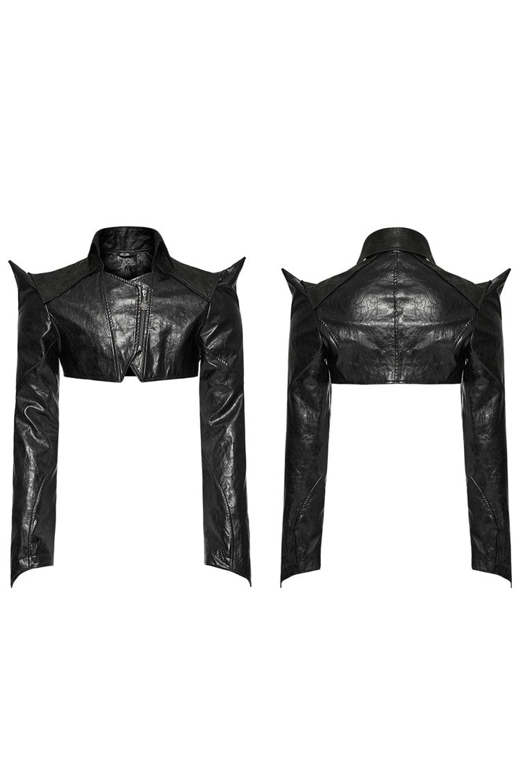 Black Stand Collar Zipper Faux Leather Sharp Shoulders Mens Steampunk Short Coat