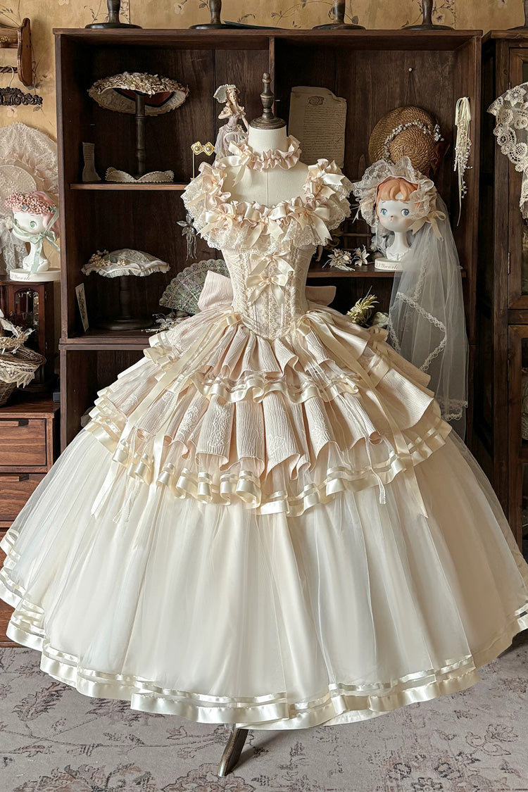 Champagne [Sunset Venus] Square Collar Flutter Sleeves Multi-Layered Jacquard Ruffled Bow Lace Classic Lolita Dress 2 Versions
