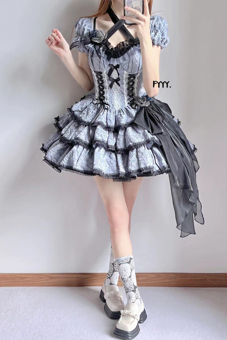 Black/Blue Medea Kiss Short Sleeves Gothic Lolita Op Tiered Dress