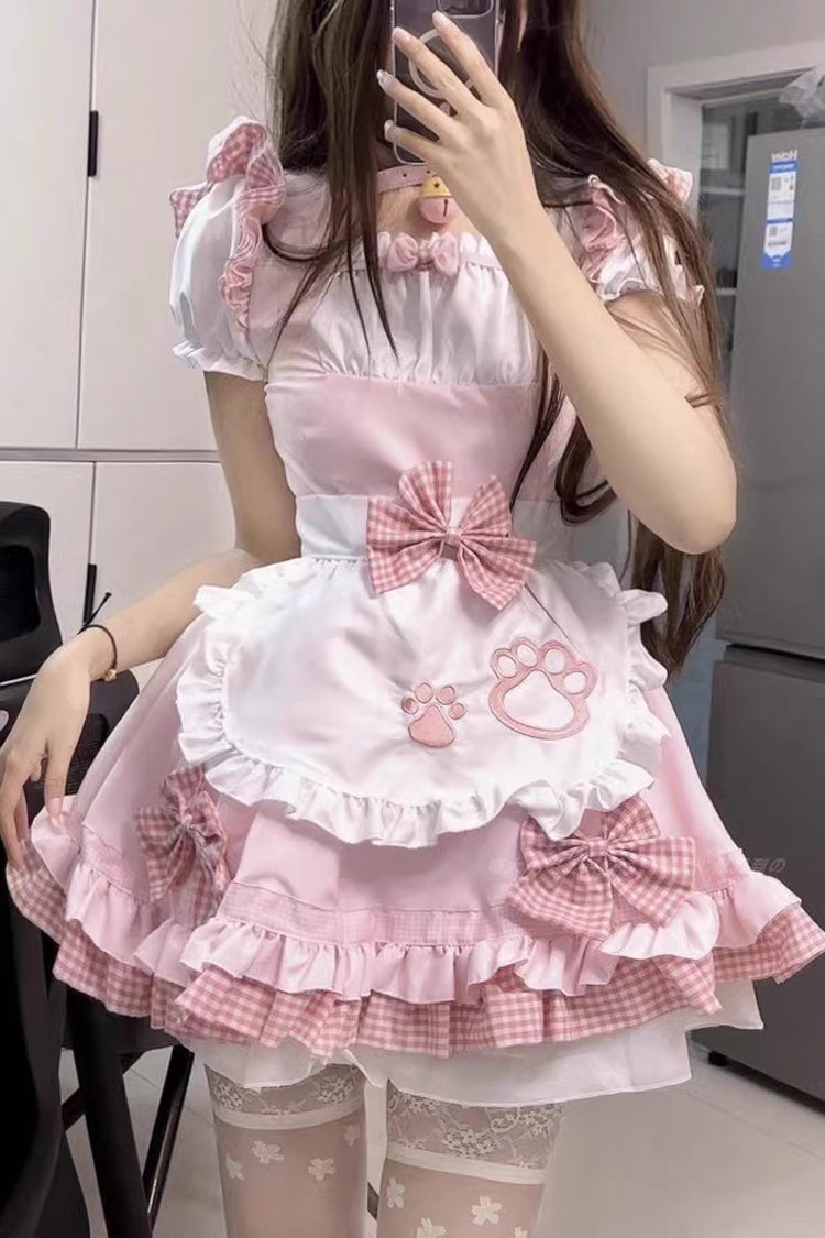 Pink/White Plus Size Short Sleeves Cat Paw Print Sweet Lolita Maid Dress