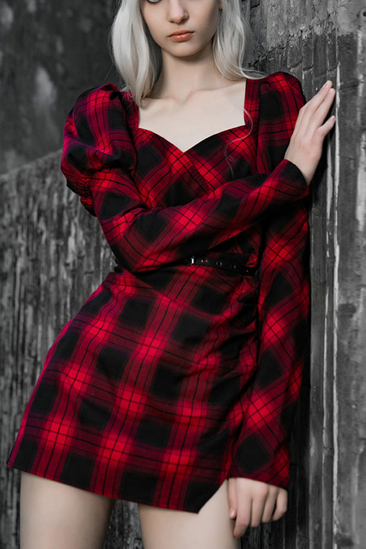 Schwarzes/rotes Gitterkleid mit hoher Taille und langen Ärmeln für Damen im Steampunk-Stil mit Gürtel