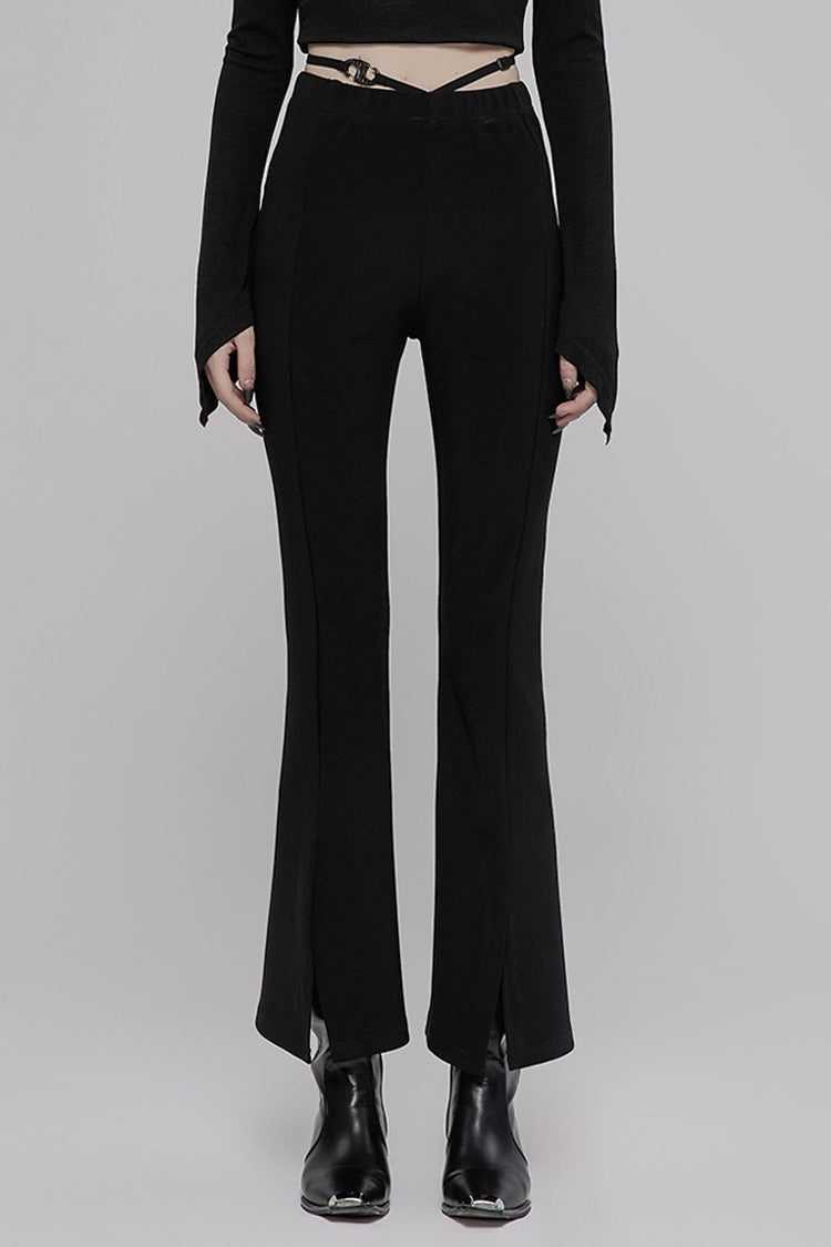 Black Hollow V-Shaped Decorative Bottom Slit Strap Micro Flare Women's Punk Pants