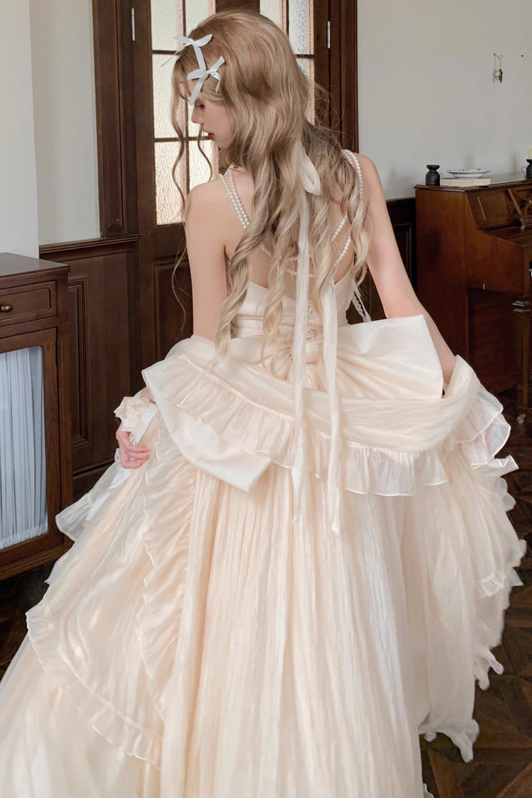 Ensemble de robe longue en dentelle à volants sans manches à col licou abricot avec nœud papillon douce princesse Lolita Jsk 