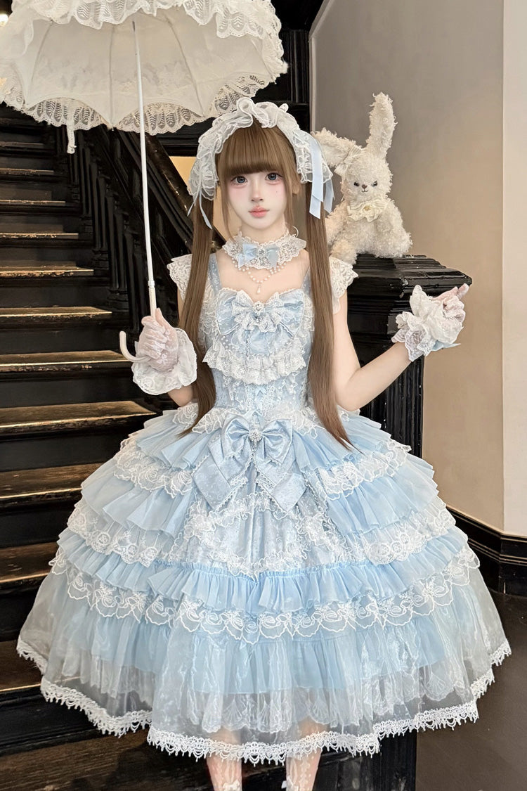 Blue [Rose Vow] Sleeveless Fitted Waist Bow Lace Ruffled Pearl Detail Sweet Bridal Lolita Jumper Skirt