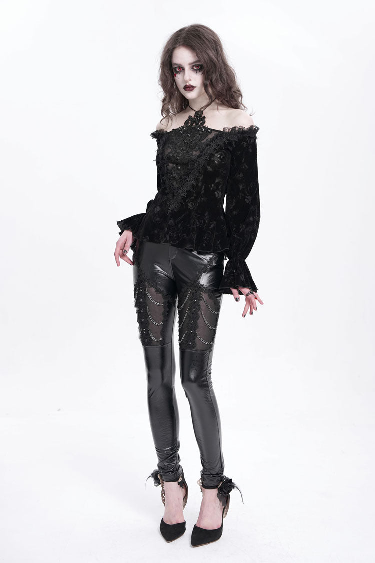 Schwarze Kette aus Kunstleder mit Spitzenbesatz Damen Gothic Hose 