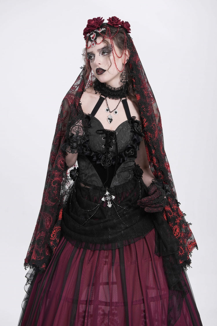ブラックハルターネックノースリーブ刺繍ステッチローズハートレース女性用ゴシックブラウス 