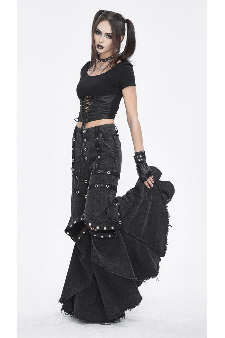 Black Mesh Eyelets Ruffled Flared Womens Punk Pants