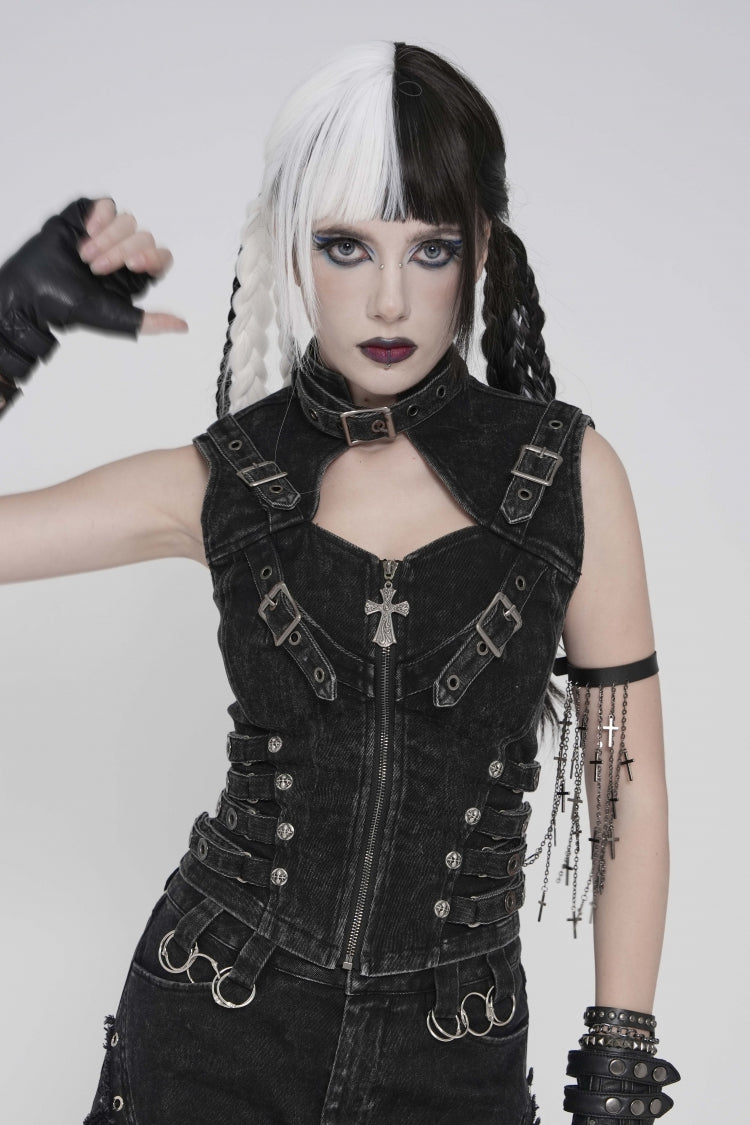 Schwarze Neckholder-Weste mit schmaler Schnalle und Reißverschluss für Damen im Punk-Stil
