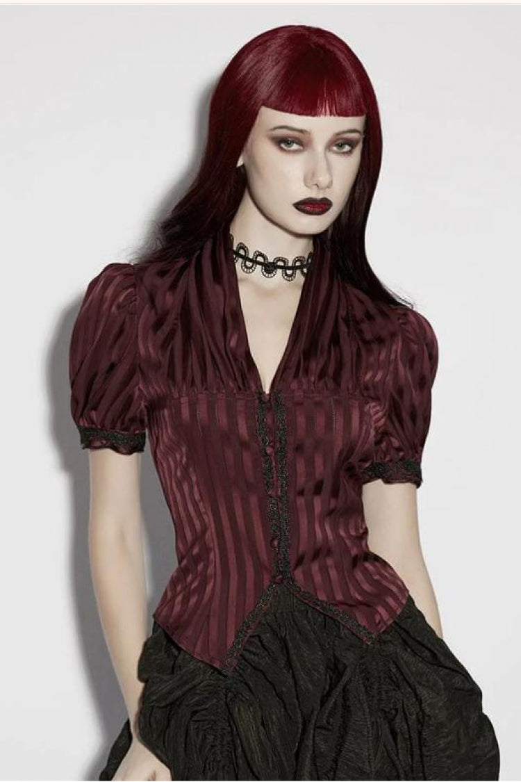 Rote Damen-Gothic-Bluse mit V-Kragen, kurzen Puffärmeln, Spitze und Schnürung, gestreift