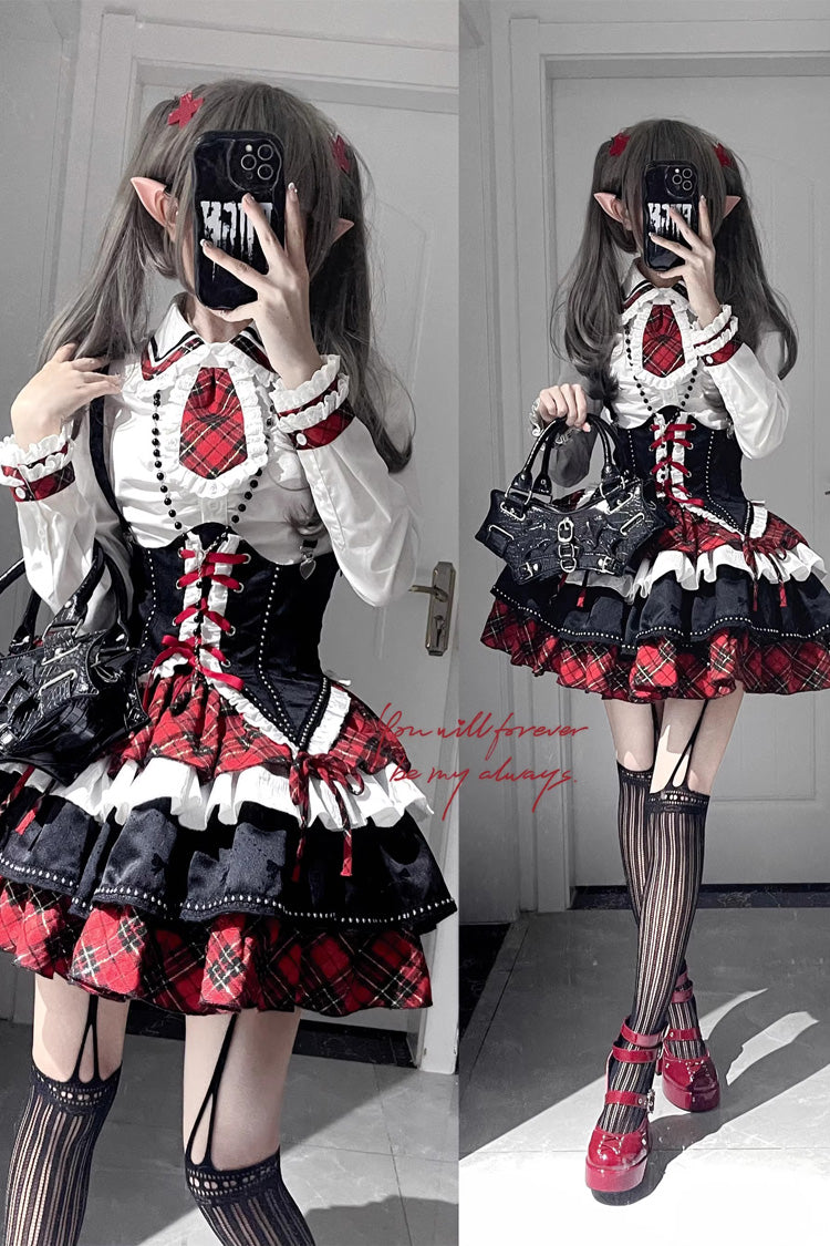 赤/白/黒のマルチレイヤーフリルオペラロックガールゴシックロリータストラップドレスセット